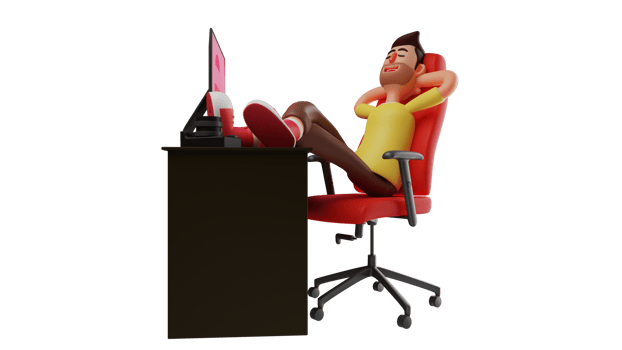 3D Illustration. Office Worker 3D Cartoon Character. Man who is relaxing at his desk. Man who works as a photographer is resting in front of the computer while closing his eyes. 3D cartoon character png