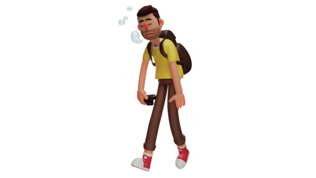 3D Illustration. Tired Student 3D cartoon character. Student carry backpack on his back. Student who walked bowing while carrying a camera. Men show his sleepy expression. 3D cartoon character png