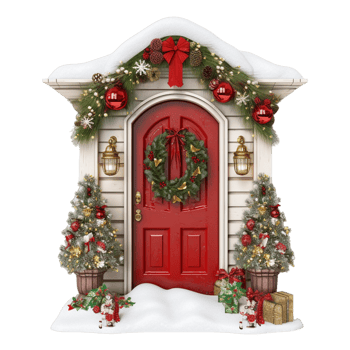AI generated Wooden door with wreaths garlands and snow png