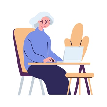Modern old people using internet, mobile phones, computers. Senior men, women, couple with smartphone, laptops. Elderly generation online. Flat graphic vector illustration isolated on white background