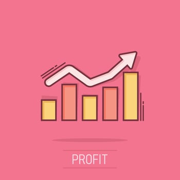 Growing bar graph icon in comic style. Increase arrow vector cartoon illustration pictogram. Infographic progress business concept splash effect.