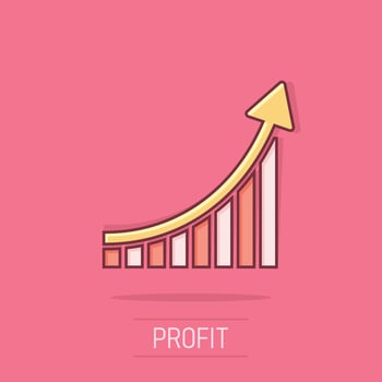 Growing bar graph icon in comic style. Increase arrow vector cartoon illustration pictogram. Infographic progress business concept splash effect.