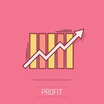 Growing bar graph icon in comic style. Increase arrow vector cartoon illustration pictogram. Infographic progress business concept splash effect.