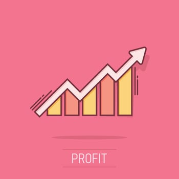 Growing bar graph icon in comic style. Increase arrow vector cartoon illustration pictogram. Infographic progress business concept splash effect.