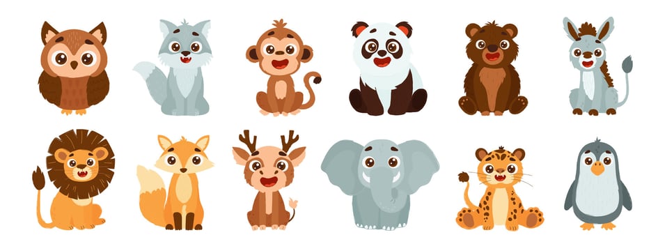 Set of cute wild animals including lion, fox, deer, elephant, tiger, penguin, owl, wolf, monkey, panda, bear and donkey. children's style illustration of forest animals. vector