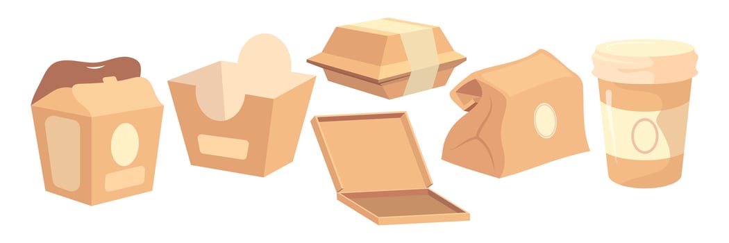 Takeaway food paper packaging. Fast food containers. Delivery pack. Blank 3D cardboard boxes, bags, or cups mockup. Ziplock sachet. Meal wrapper. Coffee mug. vector