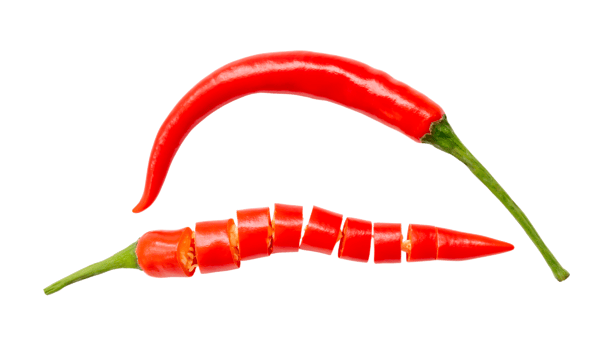 Top view and flat lay of fresh red chili peppers isolated with clipping path in png file format