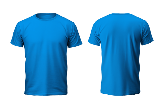 AI generated realistic set of male blue t-shirts mockup front and back view isolated on a transparent background, cut out png