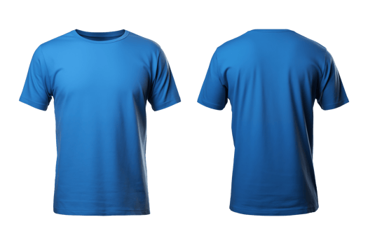 AI generated realistic set of male blue t-shirts mockup front and back view isolated on a transparent background, cut out png