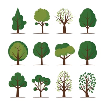silhouette tree line drawing set, Side view, set of graphics trees elements outline symbol for architecture and landscape design drawing. Vector illustration in stroke fill in white. Tropical