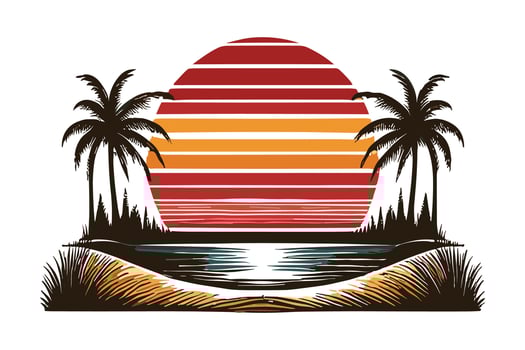 Vector tropical summer beach ocean sunset and sunrise view cartoon vector illustration