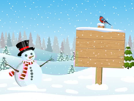 christmas snowman with wooden sign and pine trees vector