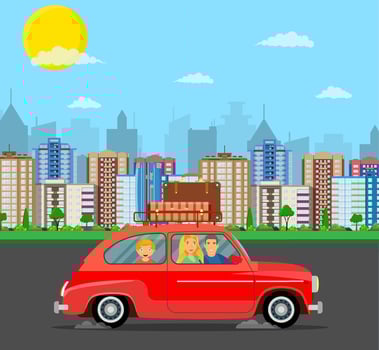 Happy family traveling by car vector