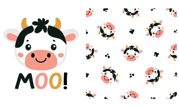 A set of prints for printing on children's products. Cute cow face and Moo. Seamless vector pattern with cute cow and black spots