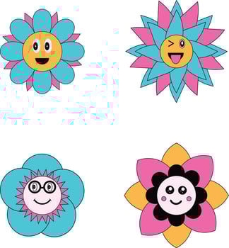 Groovy Flowers Retro Icon Set. Isolated On White Background. Vector Illustration.