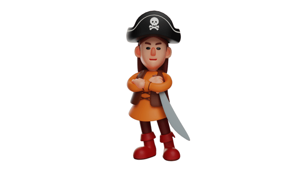 3D illustration. Little Kids 3D Cartoon Character. Kids wearing a pirate costume and hat. Kids had his arms crossed while carrying a knife and showing a frightening expression. 3D cartoon character png
