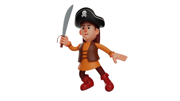 3D illustration. Brave Pirate 3D Cartoon Character. Pirate is facing his enemies. A little pirate who swings a sharp knife at the opponent and shows a hideous expression. 3D cartoon character png