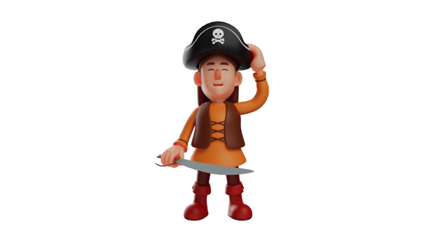 3D illustration. Sweet Pirate 3D Cartoon Character. A little girl smiling while touching the hat she was wearing. Beautiful girl wearing a pirate costume complete with a knife. 3D cartoon character png