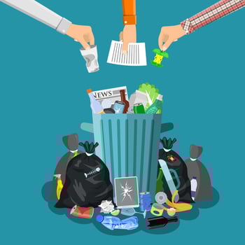 Steel garbage bin full of trash. vector
