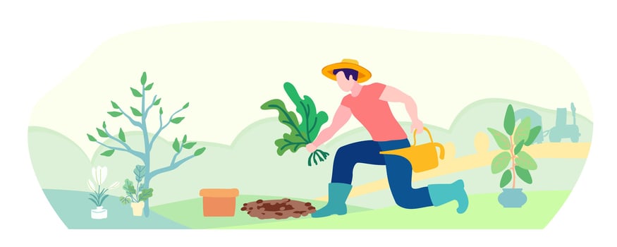 A gardener in a straw hat plants a plant. Hand drawn, vector illustration