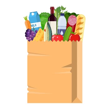 Paper shopping bag full of groceries products. vector