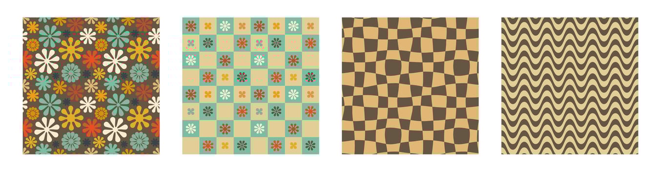 A retro style seamless patterns set with a hippie flower aesthetic design, vector background. Print surface for textiles, wrapping, and webs.
