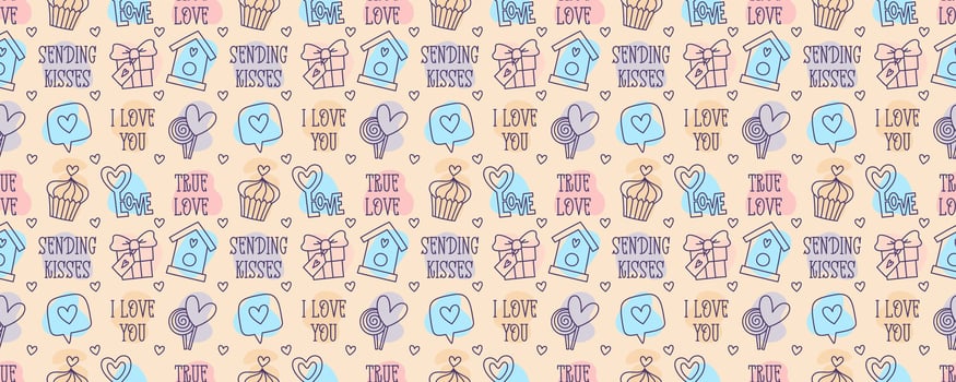 Valentines Day doodle style candy color seamless pattern, hand-drawn love theme icons and quotes cute background. Romantic mood collection. vector