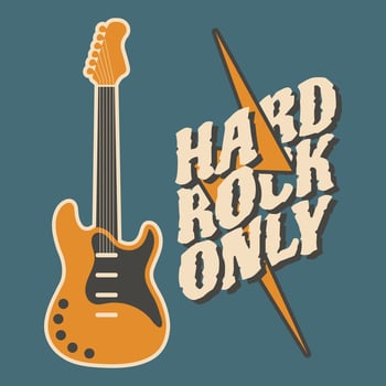 Hard Rock Only lettering and silhouette of an acoustic rock guitar. Music poster, retro style illustration, vector