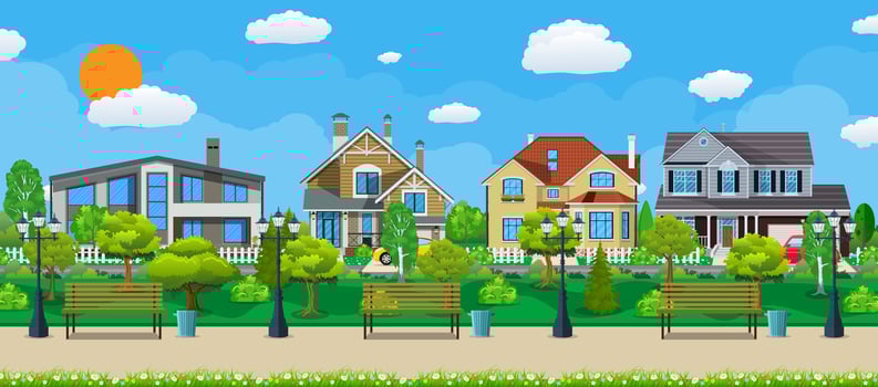 Suburb concept, wooden bench, street lamp vector