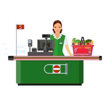 Woman cashier smiles buyer near the cash register vector