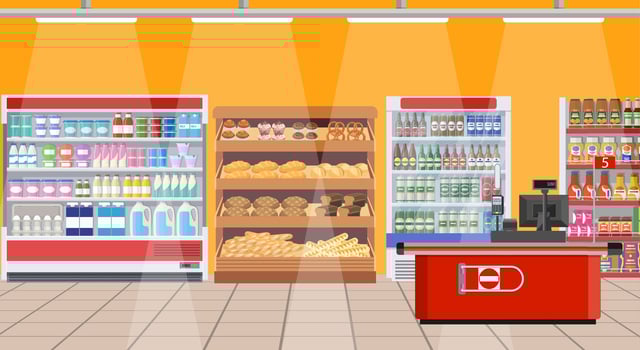 Supermarket interior. shelves with products. vector