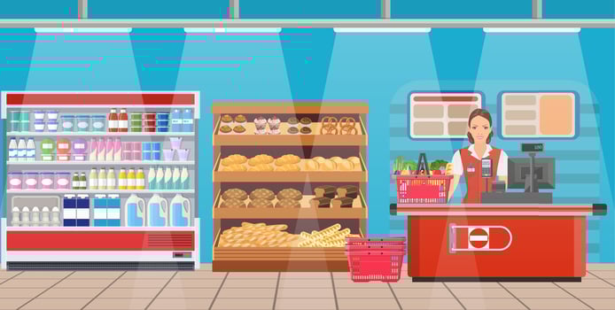 Supermarket store interior with goods. vector