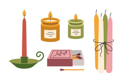 A set of different decorative candles for the interior. Vintage, retro. Vector, flat, cartoon illustration vector