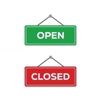 Open and closed sign set. Green and red board for the shop. Open closed door sign. Vector illustration