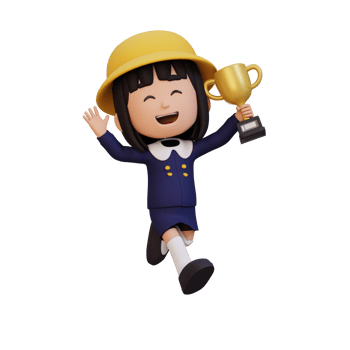 3D girl character celebrating win holding a trophy png