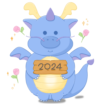 Cute cartoon blue dragon with sign 2024, New year element png