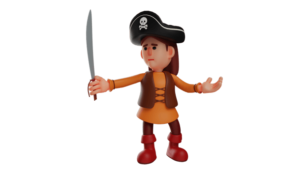 3D illustration. Confused Pirate 3D Cartoon Character. Children wear pirate costume and carry sword. The little pirate looked confused as he pointed his sword forward. 3D cartoon character png