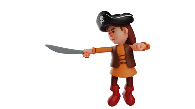 3D illustration. Little Girl 3D Cartoon Character. Kids playing war wearing pirate costumes. The little pirate is fighting with her friend and looks very serious. 3D cartoon character png