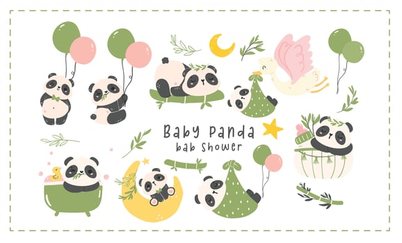 Adorable Baby Panda Cartoon nursery baby shower element set illustration. vector