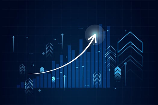 Abstract financial chart with up trend and arrow line graph in stock market on gradient dark blue color background vector
