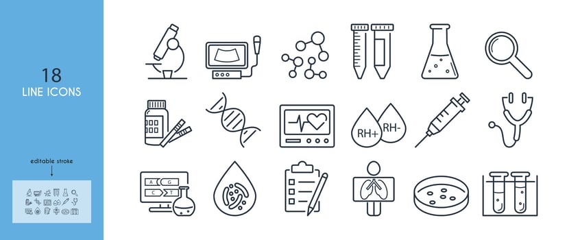 Clinical trials, research, study line icon set. Medical laboratory. microscope,test tubes,centrifuge, ultrasound machine,blood, stethoscope, dna, genetic analysis,rhesus factor. Editable stroke. vector
