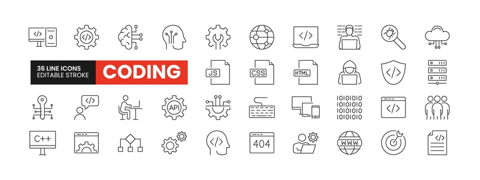 Set of 36 Programming and Coding line icons set. Coding outline icons with editable stroke collection. Includes Coding, Programmer, Website, Cloud Computing, Bug, and More. vector