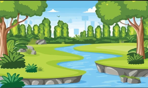 Nature forest landscape at daytime scene with long river vector