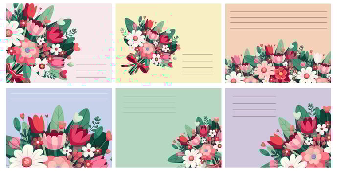 Big collection greeting card template. Postcard international women's day for girls, women with many flowers. With fields for text and wishes. Holiday, event, congratulation vector