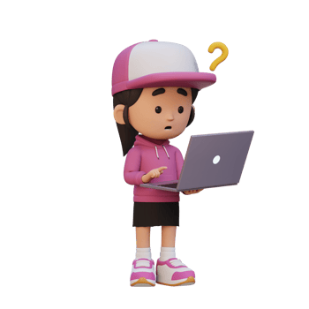 3D cute girl character confused on a laptop png