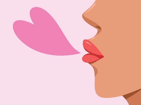 Face from side view close up with red lipstick lips and tanned skin. Duck face, kissing gesture with heart decoration vector illustration isolated on plain pink horizontal ratio background.