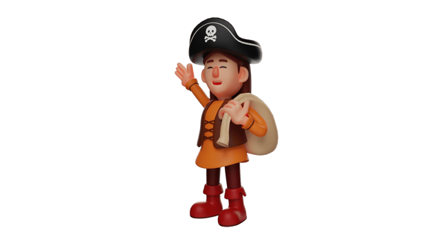 3D illustration. Adventurer 3D Cartoon Character. The adventurer is walking down a road. The pirate carries a sack on his shoulders. Sweet pirate who enjoys his journey. 3D cartoon character png
