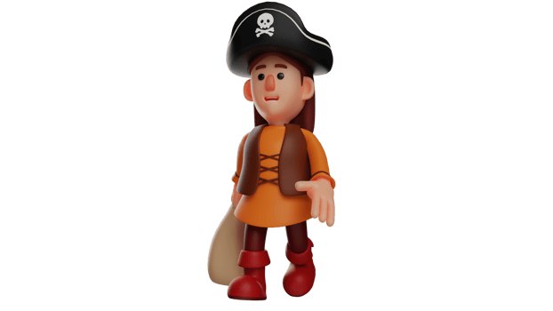 3D illustration. Tired Pirate 3D Cartoon Character. Pirate carries a sack. Little pirate stood silently. Preety girl wearing a pirate costume complete with hat and shoes. 3D cartoon character png