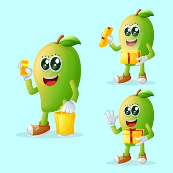 Cute manggo characters receiving gifts vector