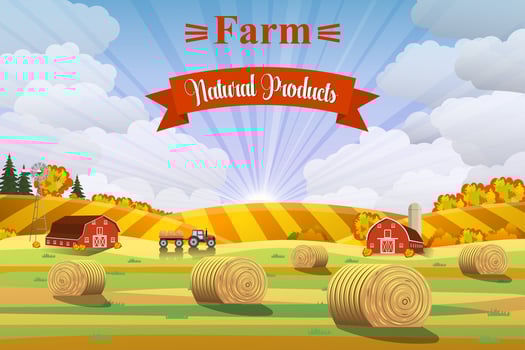 Countryside landscape with haystacks on fields. vector